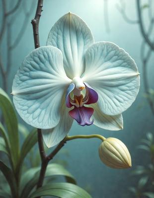 The primary subject of the image is a white orchid flower with purple accents. The flower is prominently displayed in the foreground, with a blue background visible behind it. The visual style of the image is a photo, capturing the beauty of the orchid in its natural environment. The colors and mood of the image are predominantly white and purple, creating a serene and elegant atmosphere.